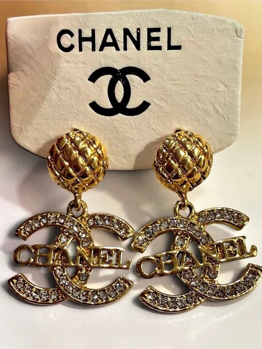 Gold Toned Crystal CC Logo Drop Earrings with Logo Across | NEW